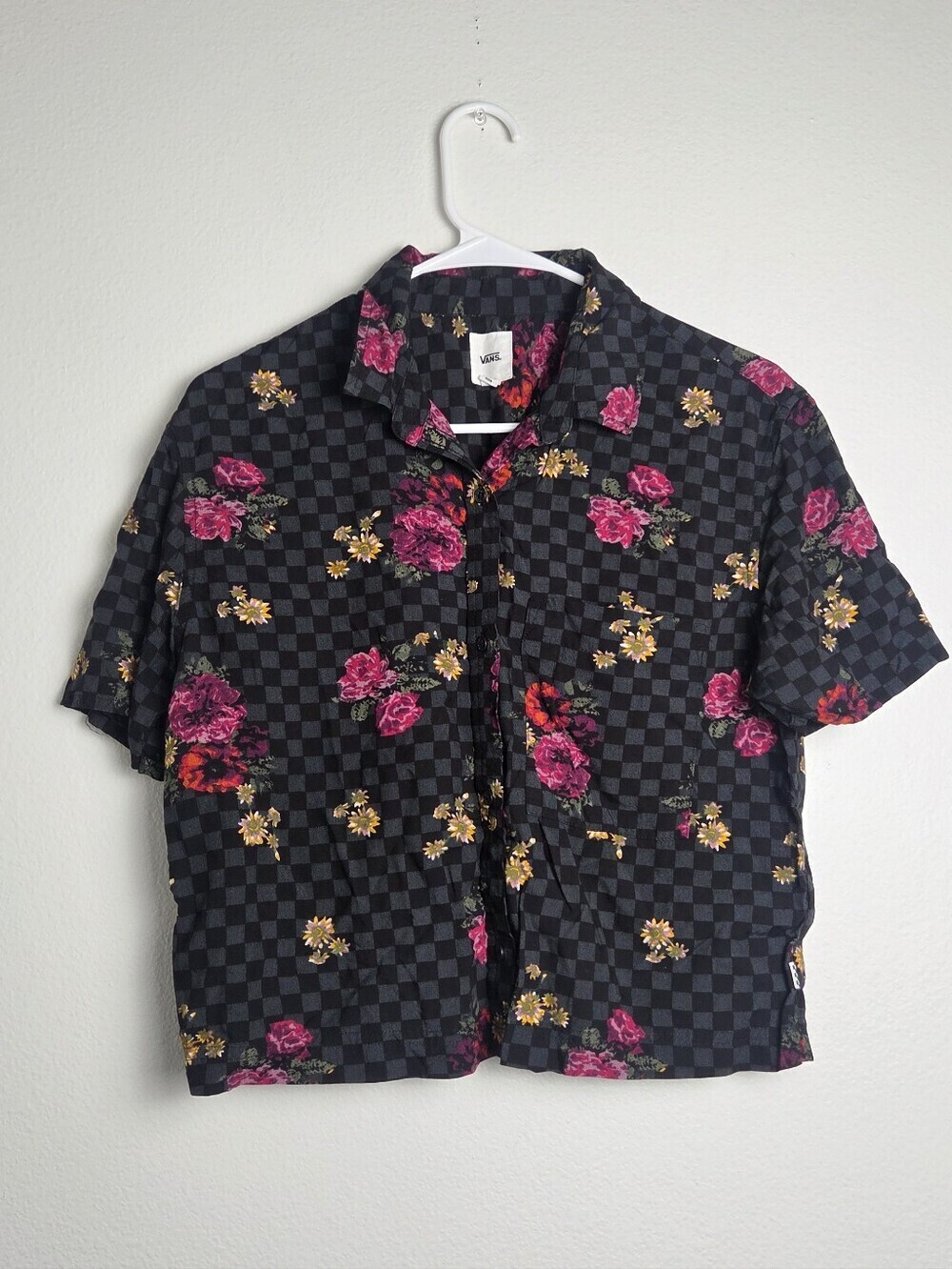 Vans Cabbie Woven Short Sleeve Shirt in Black Checkered Floral Print Size Small